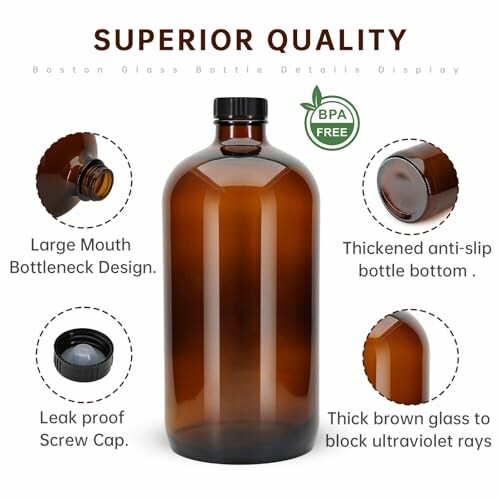 Amber glass bottle with large mouth, thickened bottom, leak-proof cap, and UV blocking glass.