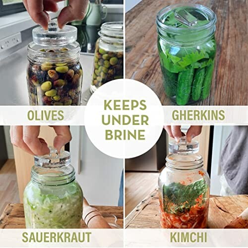 Four jars showing preserved foods: olives, gherkins, sauerkraut, and kimchi with text 'Keeps Under Brine'.