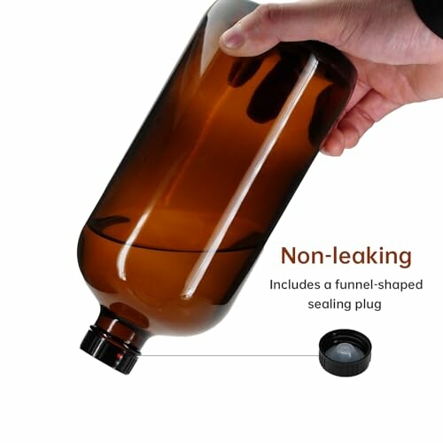 Brown bottle with funnel-shaped sealing plug to prevent leaks.