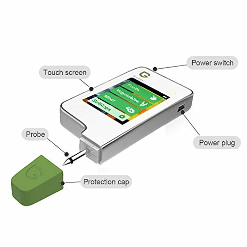 Digital food freshness tester with labeled parts including touch screen, probe, power switch, power plug, and protection cap.