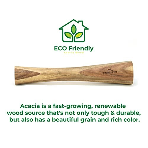 Eco-friendly acacia wood with logo and text about its durability and rich color.