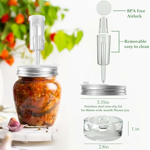 Fermentation airlock on a mason jar with salsa.