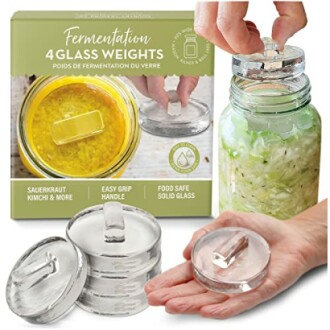 Fermentation glass weights with easy grip handle for sauerkraut and kimchi.
