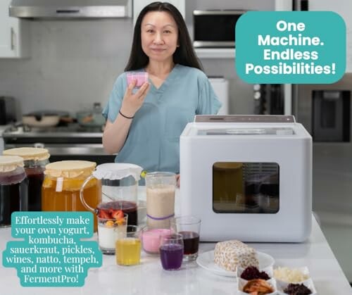 Woman demonstrating a fermentation machine with various fermented foods.
