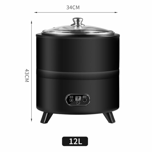 Large 12L black electric cooker with digital display and glass lid.