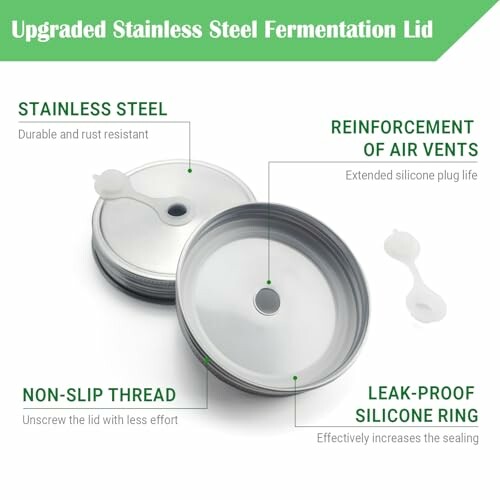 Stainless steel fermentation lid with highlighted features like air vents, silicone ring, and non-slip thread.