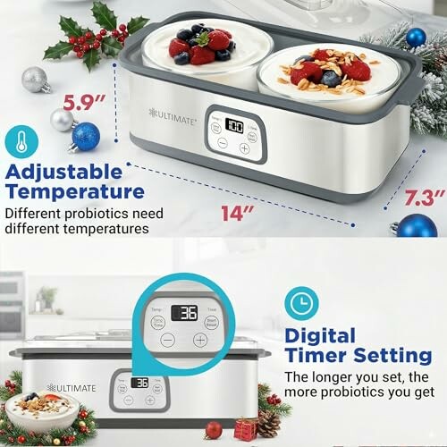 Yogurt maker with adjustable temperature and digital timer setting.
